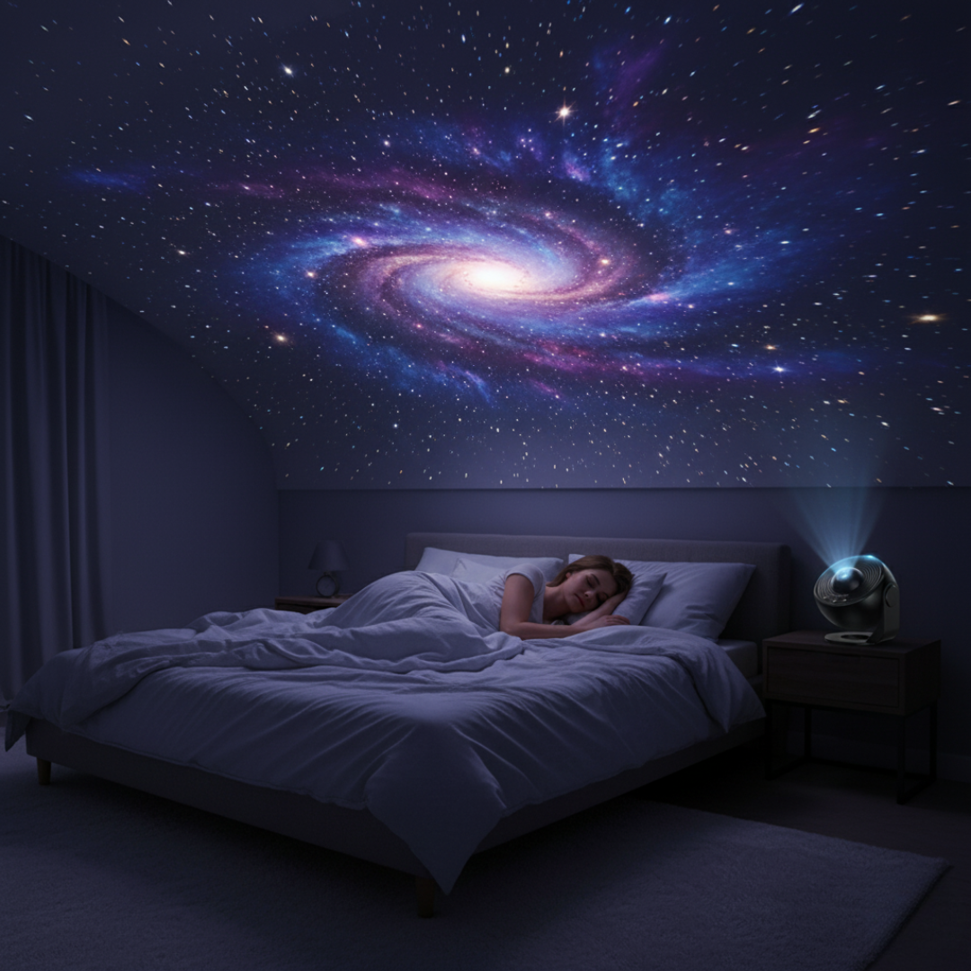 Woman lying in bed under a starry night sky projection on the ceiling.