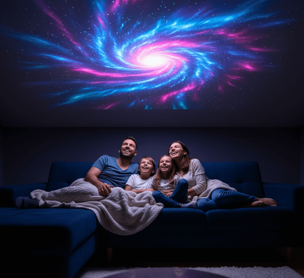 Family sitting on a couch under a colorful galaxy projection on the ceiling.