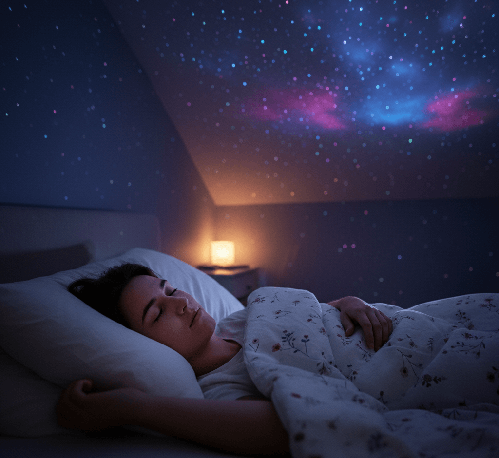 Woman sleeping in a dark room with a starry night sky projected onto the ceiling.