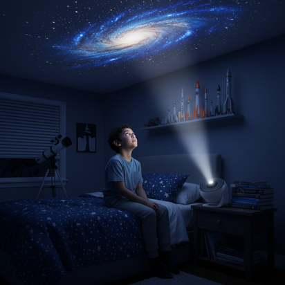 Child in a bedroom with a projector displaying a galaxy on the ceiling.