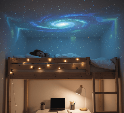 Bunk bed with starry night sky projection above, desk with laptop below