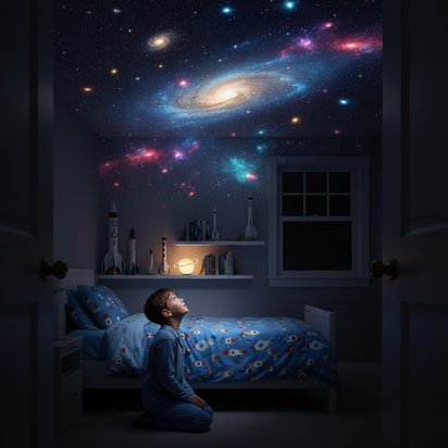 Child in a bedroom with a galaxy mural on the wall