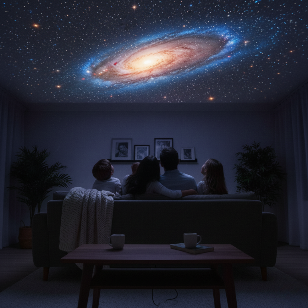 People sitting on a couch in a dimly lit room, watching a projected image of a galaxy.