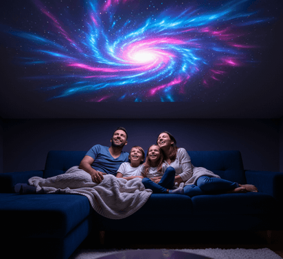 Family sitting on a couch under a colorful galaxy projection on the ceiling.