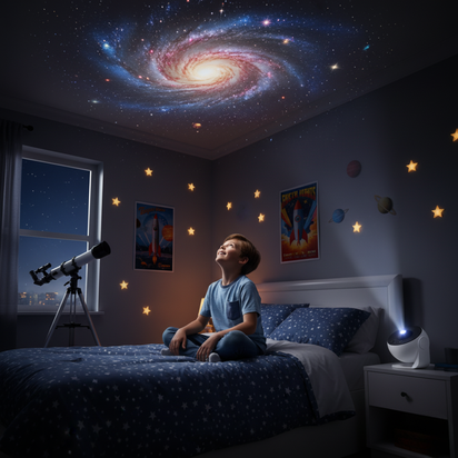 Child sitting on a bed looking up at a galaxy projection on the ceiling.