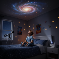 Child sitting on a bed looking up at a galaxy projection on the ceiling.