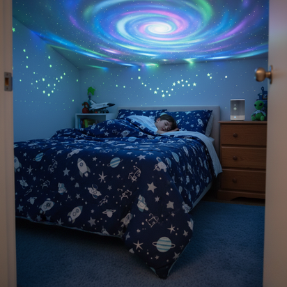 Child lying in bed under a colorful spiral galaxy ceiling light in a bedroom.