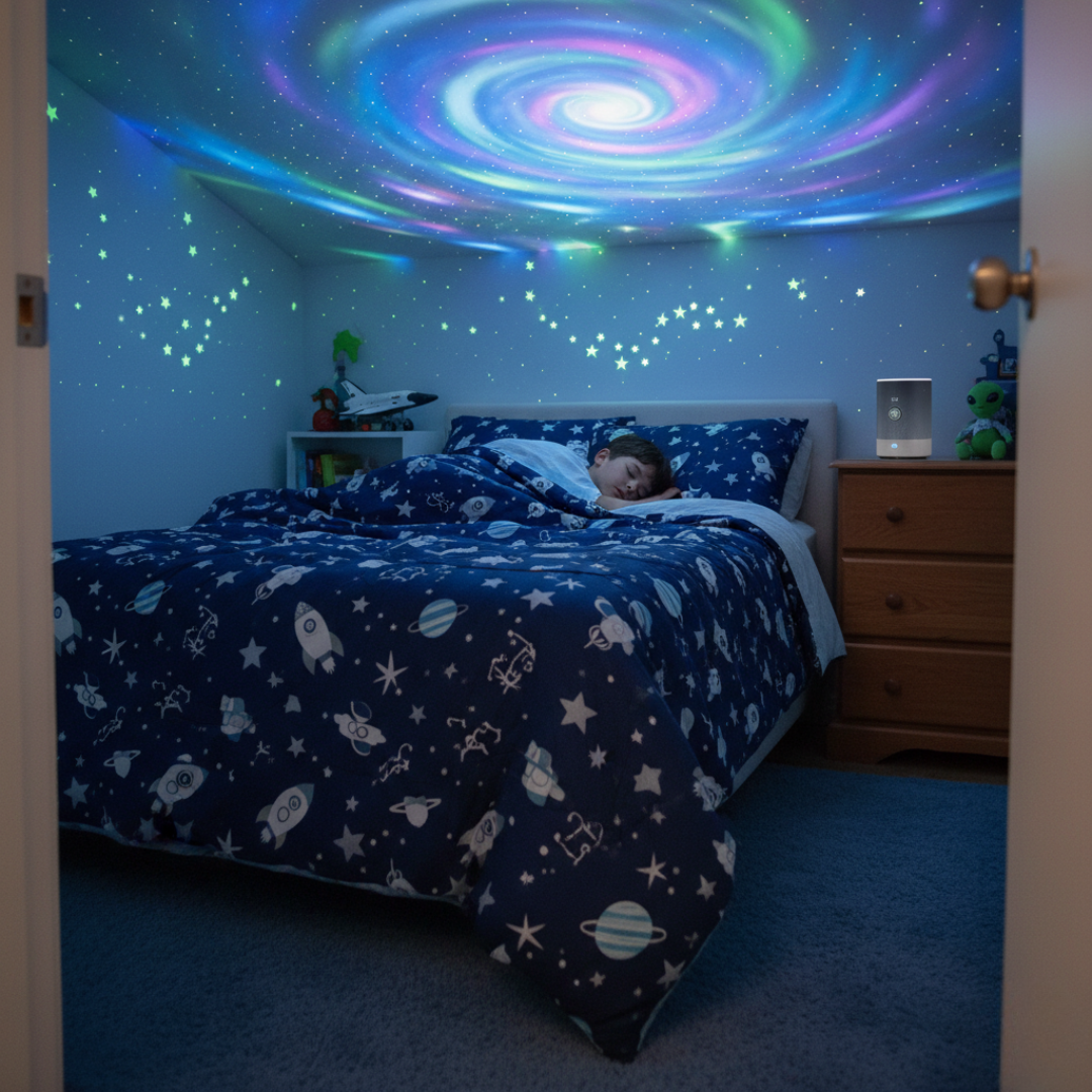 Child lying in bed under a colorful spiral galaxy ceiling light in a bedroom.