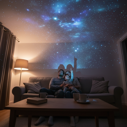 Living room with a starry night sky projection on the ceiling, people sitting on a couch.