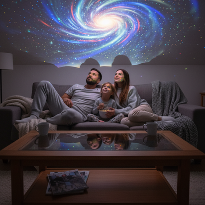 Family sitting on a couch watching a galaxy projection on the wall.