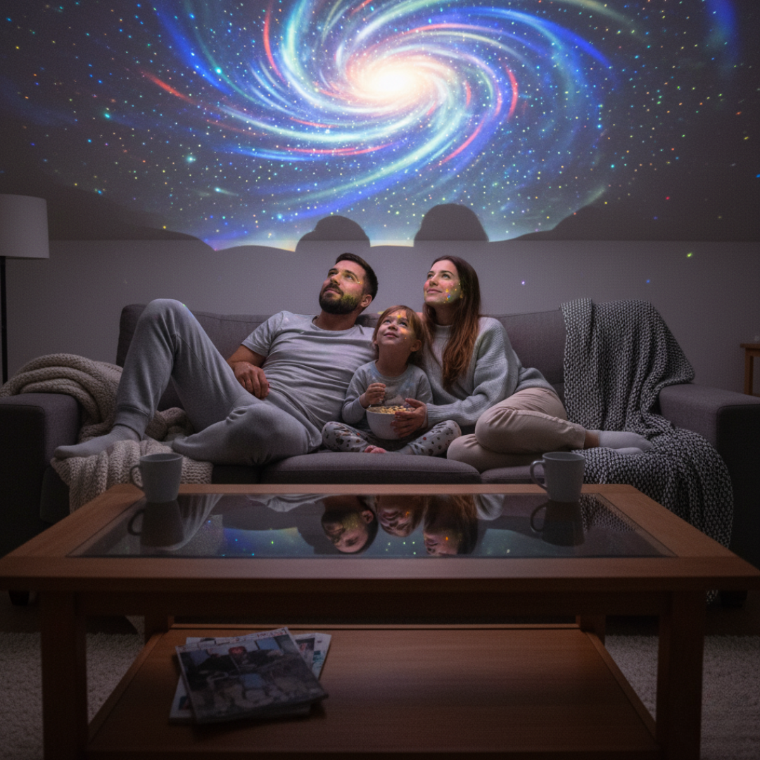 Family sitting on a couch watching a galaxy projection on the wall.