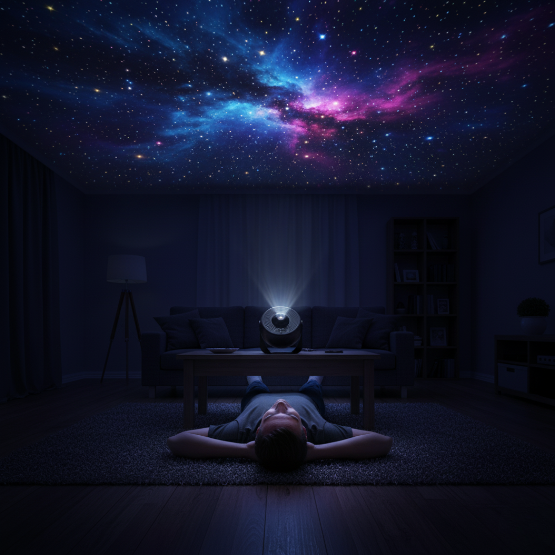 Person lying on the floor with a starry night sky projected onto the ceiling in a dark room.