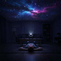 Person lying on the floor with a starry night sky projected onto the ceiling in a dark room.