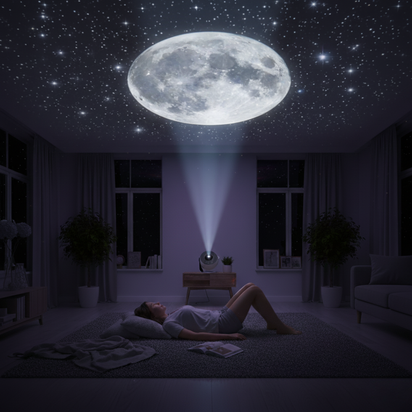 Person lying on a rug in a dark room with a moon and star projector on the ceiling.