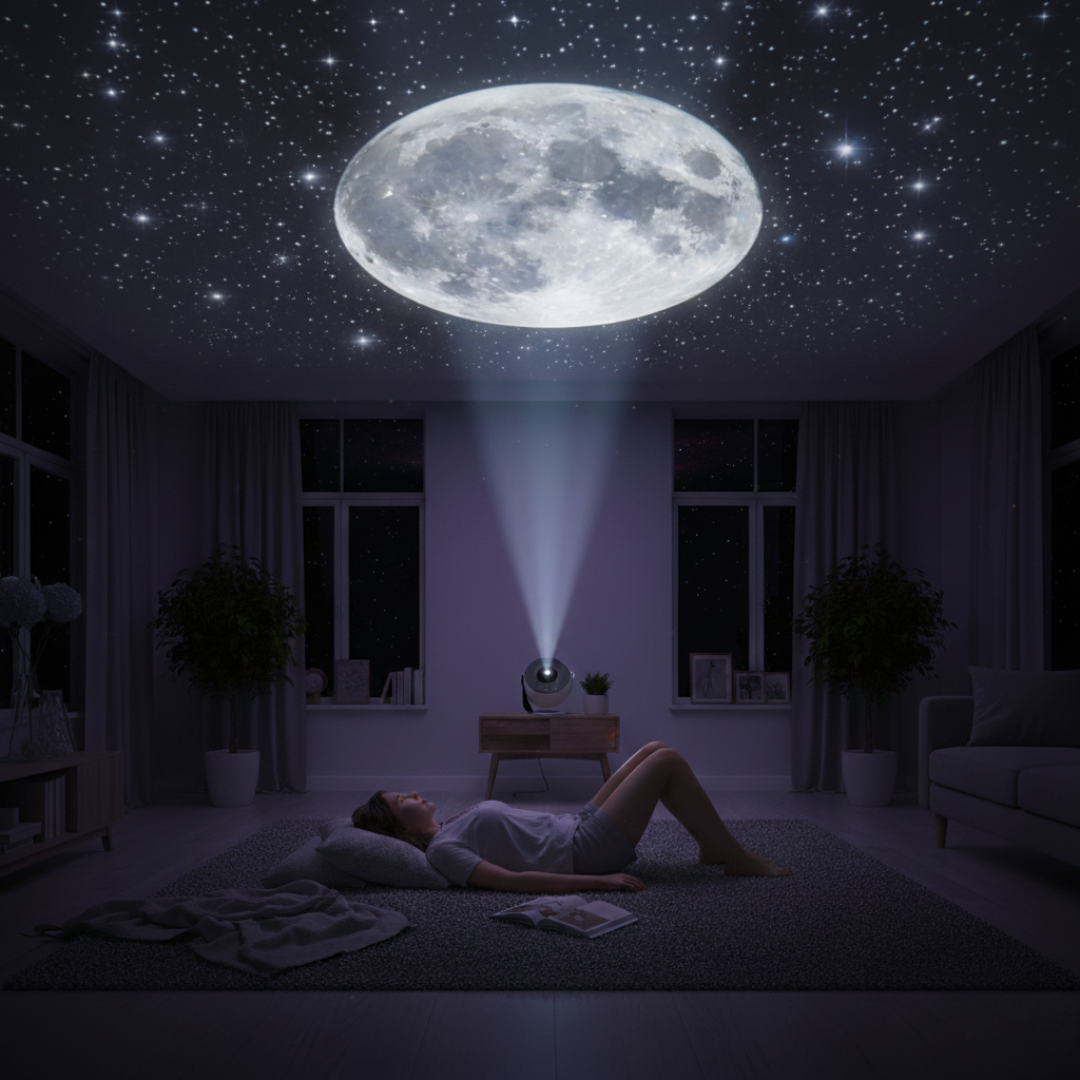 Person lying on a rug in a dark room with a moon and star projector on the ceiling.