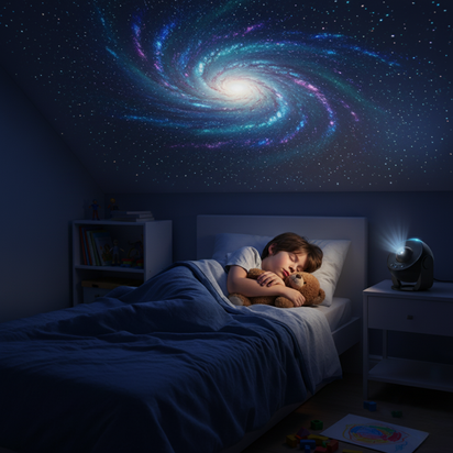 Child sleeping in bed with a teddy bear under a starry night sky projection on the ceiling.