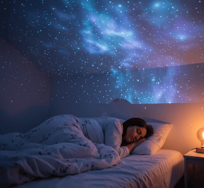 Woman lying in bed under a starry night sky projection on the ceiling.