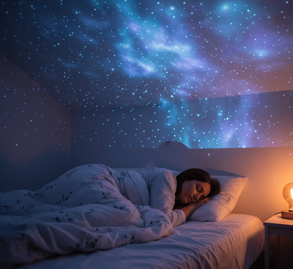 Woman lying in bed under a starry night sky projection on the ceiling.
