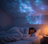 Woman lying in bed under a starry night sky projection on the ceiling.
