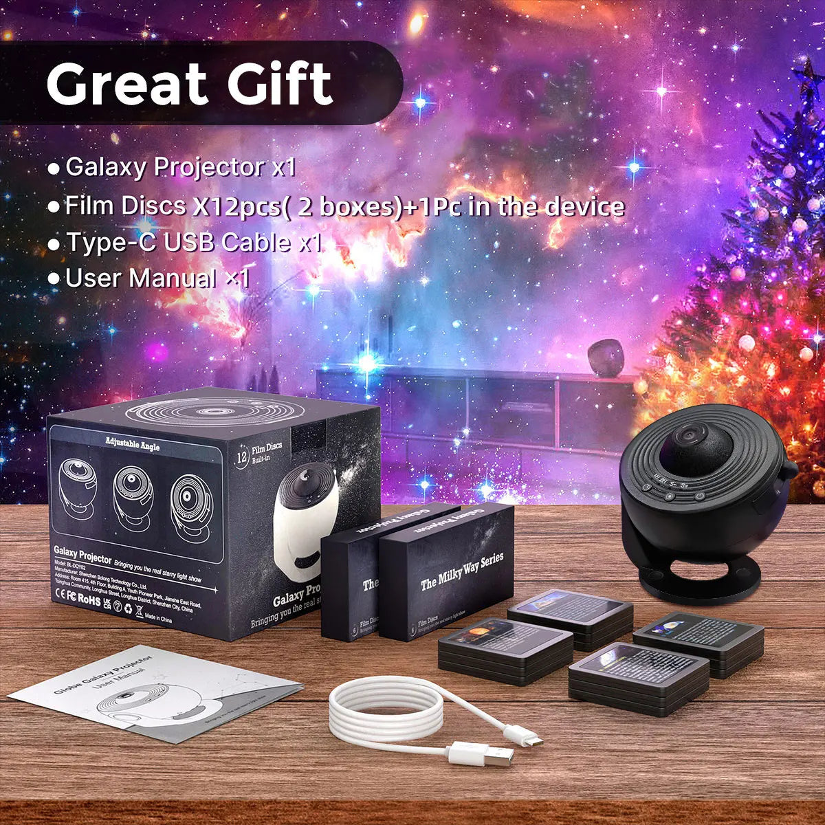 Galaxy projector set with film discs, USB cable, and user manual on a wooden surface with a festive background.