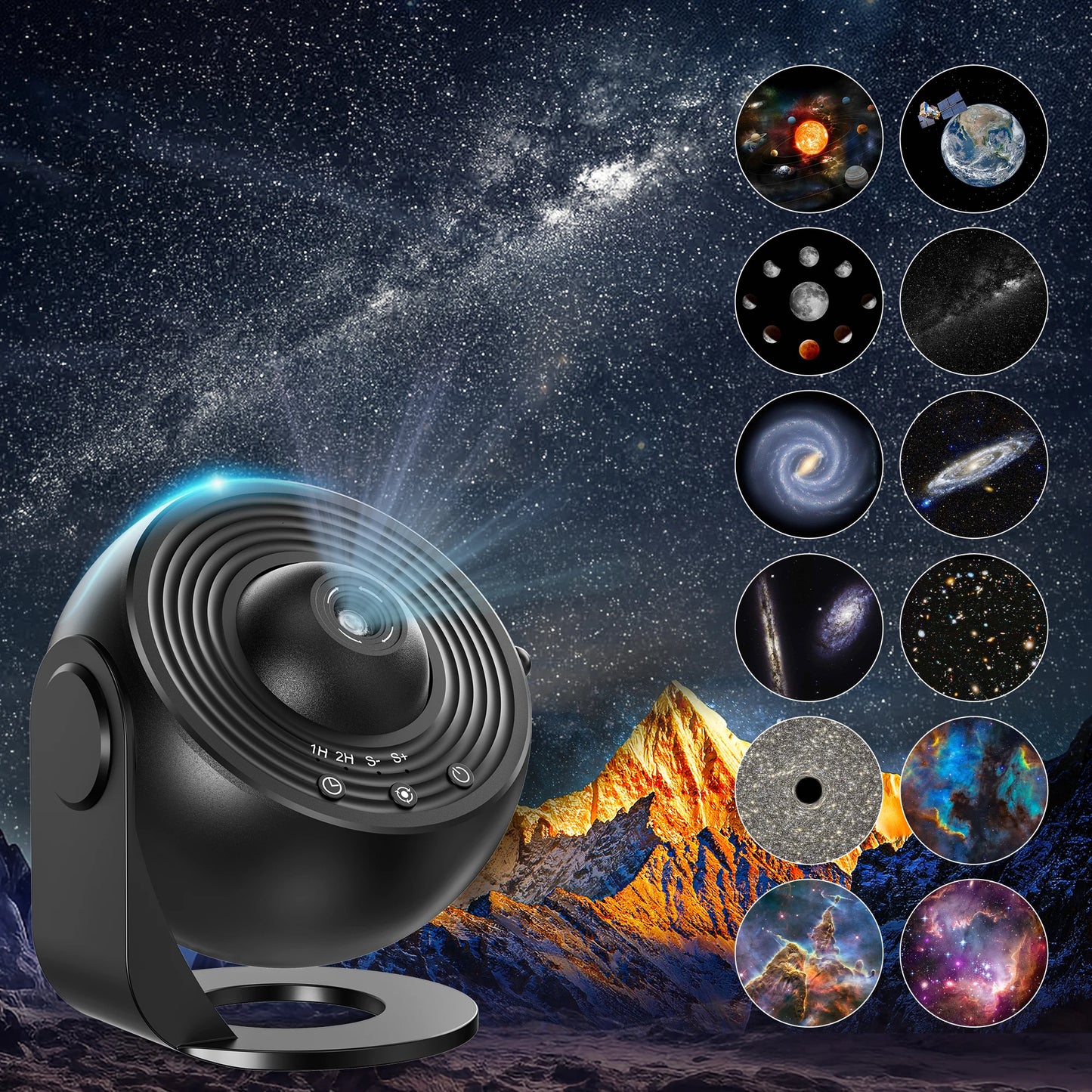 Black planetarium projector with starry sky and celestial body images on a mountain background