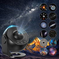 Black planetarium projector with starry sky and celestial body images on a mountain background