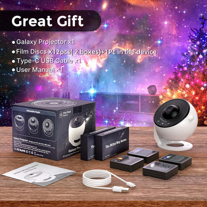 Galaxy projector set with packaging, discs, and USB cable on a wooden surface with a festive background.