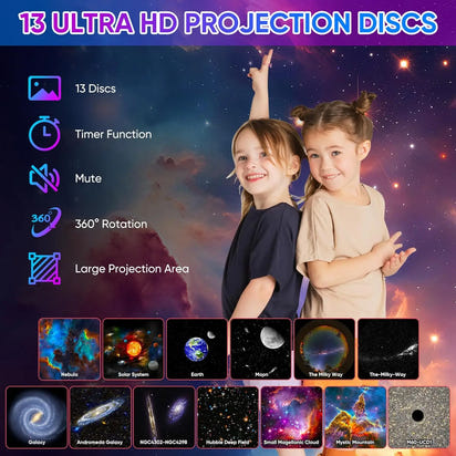 Two children in front of a space-themed background with 13 ultra HD projection discs displayed.
