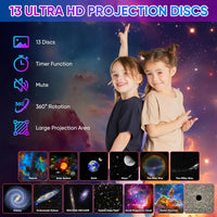 Two children in front of a space-themed background with 13 ultra HD projection discs displayed.