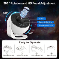 Infrared lamp with 360-degree rotation and HD focal adjustment features on a space-themed background.