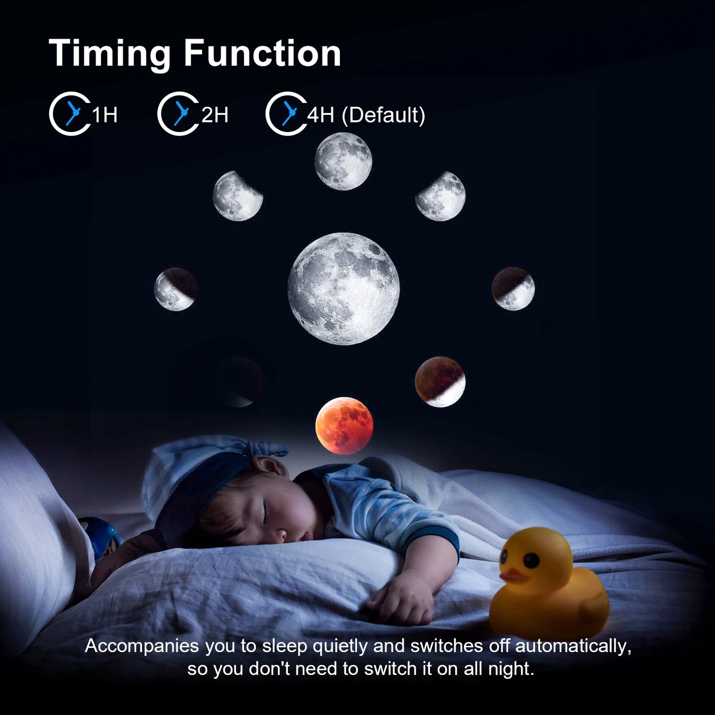 Baby sleeping with a night light showing moon phases, accompanied by text about timing function.