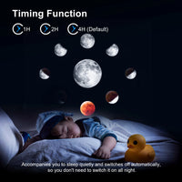 Baby sleeping with a night light showing moon phases, accompanied by text about timing function.